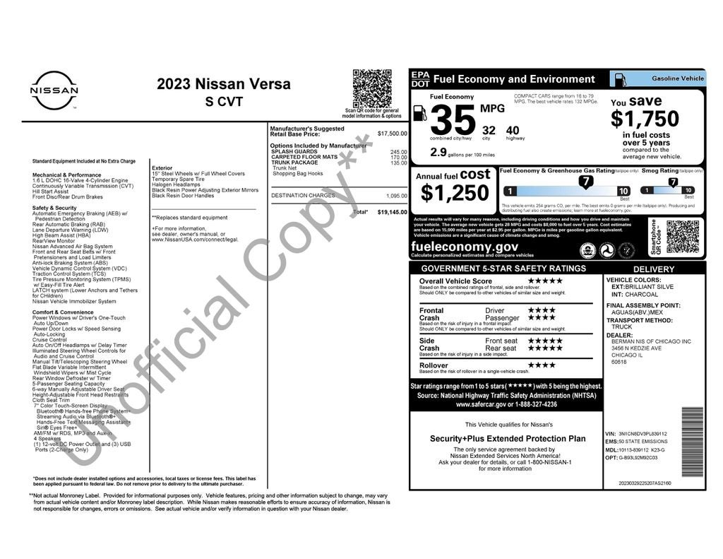 2023 Nissan Versa 1.6 S
